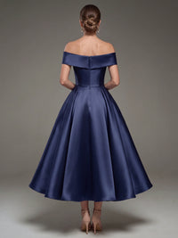 A Line Cocktail Dress Satin Ankle Length Elegant Dresses Formal Wedding Short Sleeve Off Shoulder Summer Dress