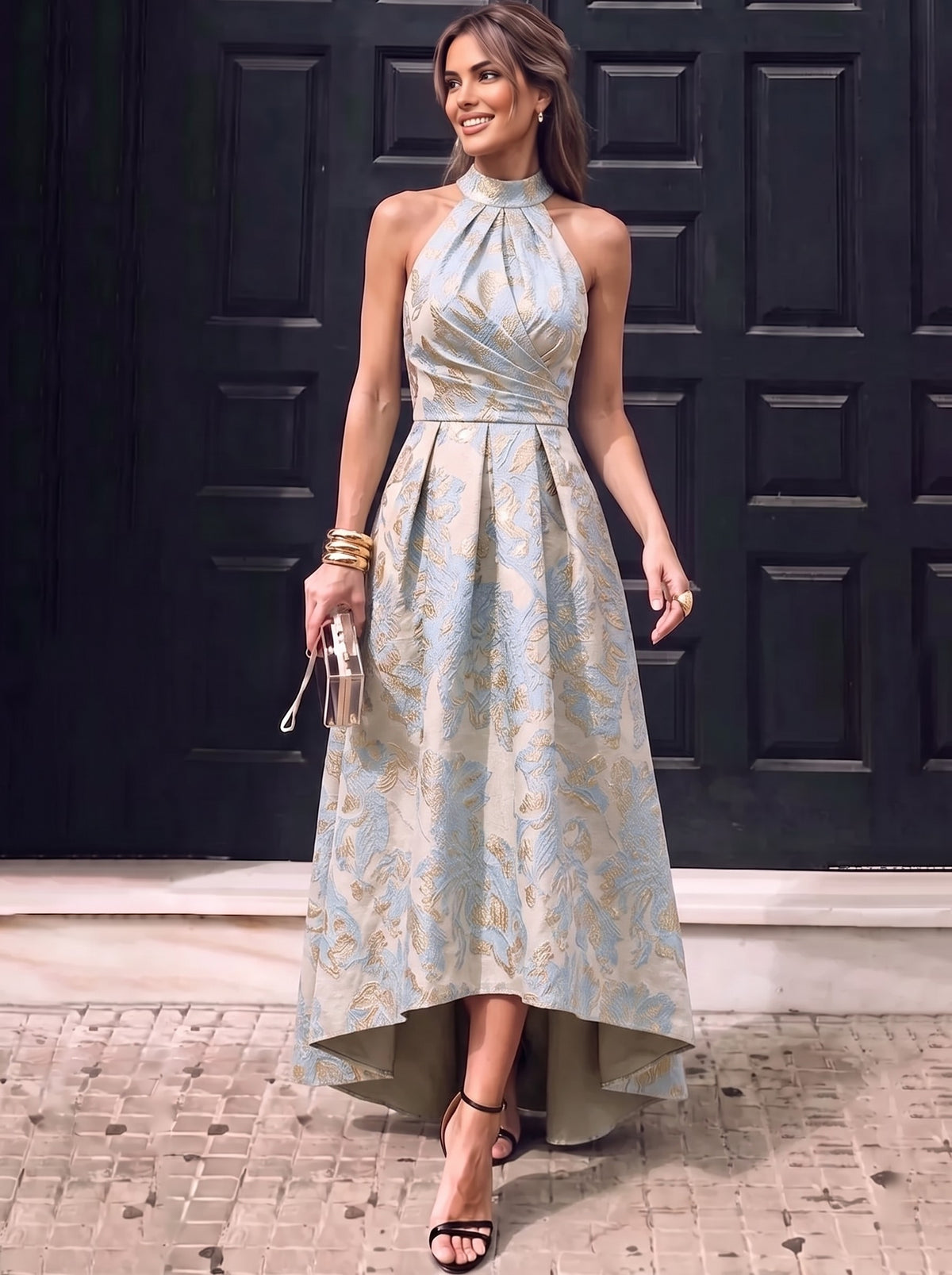 A-Line Cocktail Dresses Jacquard Halter Neck Tea-Length High Low Sleeveless Pleated Wedding Guest
