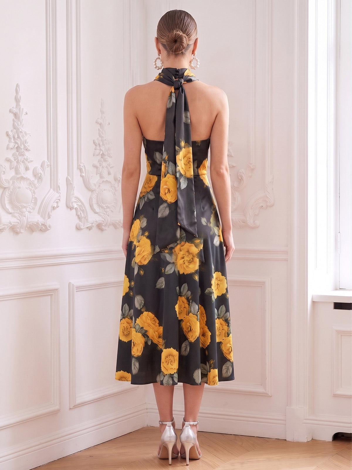 A-Line Cocktail Dresses Floral Printed Chiffon Halter Neck Tea-Length Sleeveless Pleated Wedding Guest