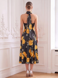 A-Line Cocktail Dresses Floral Printed Chiffon Halter Neck Tea-Length Sleeveless Pleated Wedding Guest