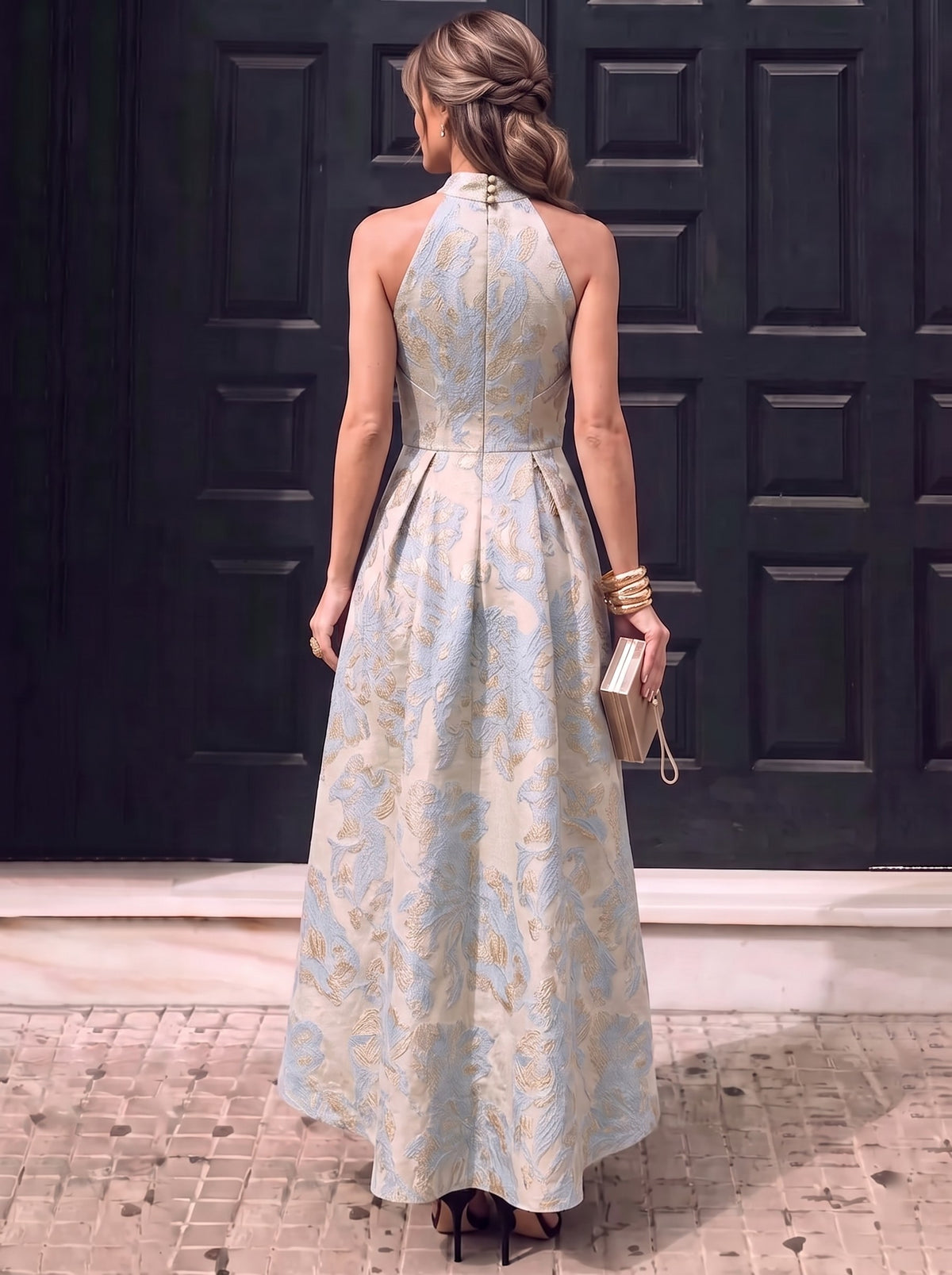 A-Line Cocktail Dresses Jacquard Halter Neck Tea-Length High Low Sleeveless Pleated Wedding Guest