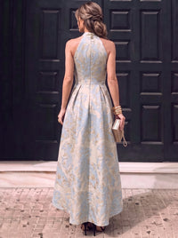 A-Line Cocktail Dresses Jacquard Halter Neck Tea-Length High Low Sleeveless Pleated Wedding Guest