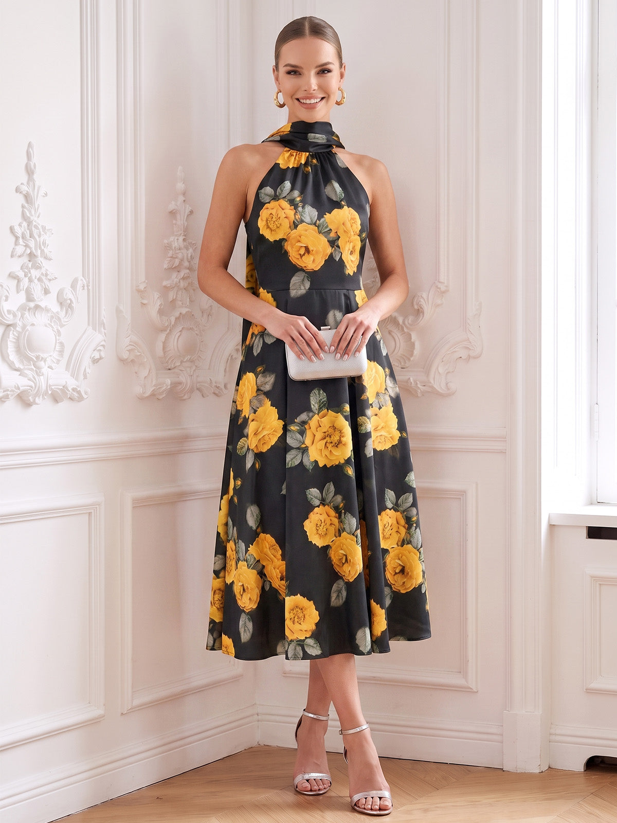 A-Line Cocktail Dresses Floral Printed Chiffon Halter Neck Tea-Length Sleeveless Pleated Wedding Guest