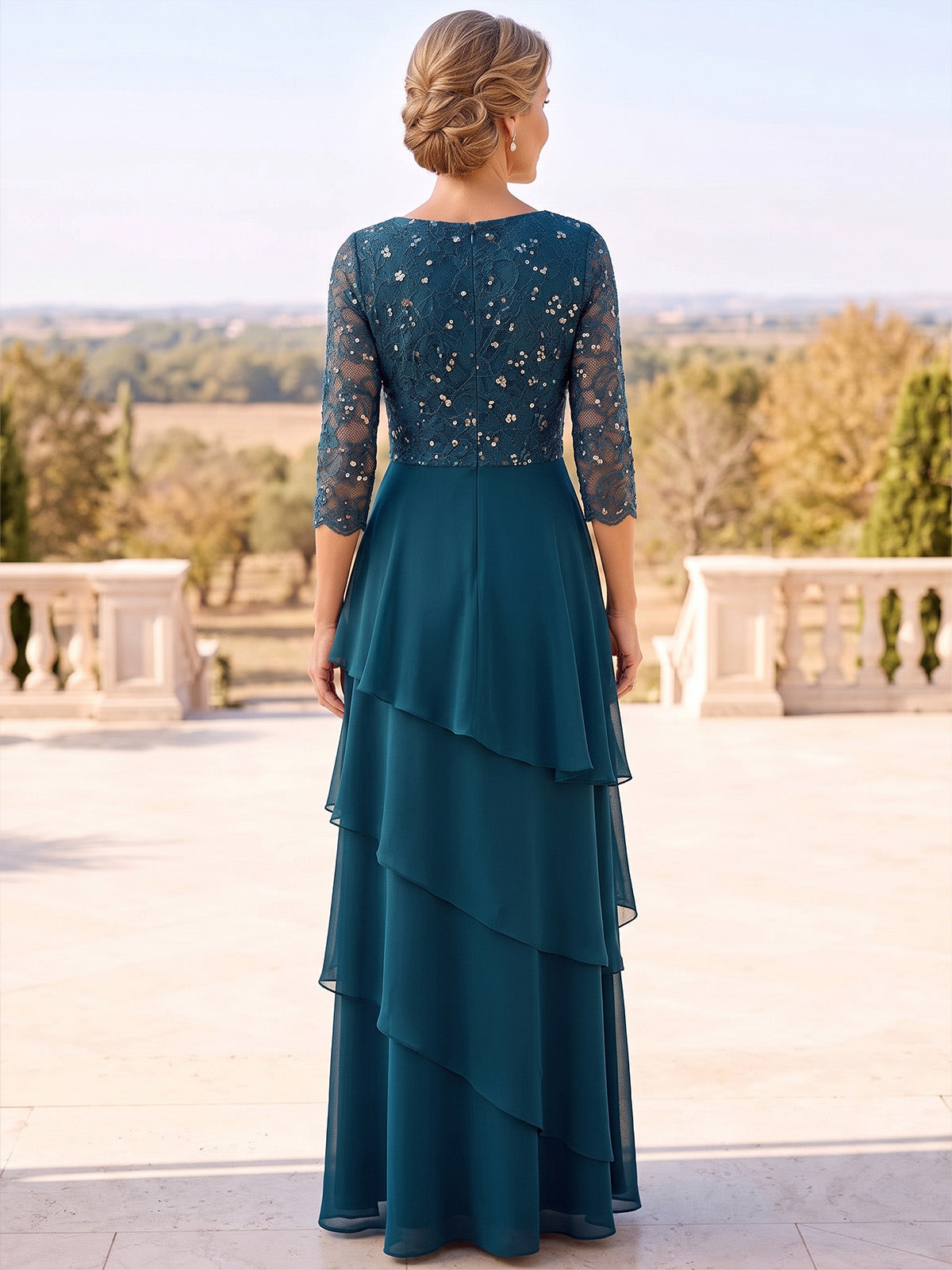 A-Line Mother Of The Bride Dresses Elegant Formal Chiffon Sequin Lace Floor-Length 3/4 Sleeves V Neck Tiered Ruffles Zipper Wedding Guest