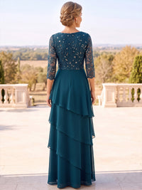 A-Line Mother Of The Bride Dresses Elegant Formal Chiffon Sequin Lace Floor-Length 3/4 Sleeves V Neck Tiered Ruffles Zipper Wedding Guest