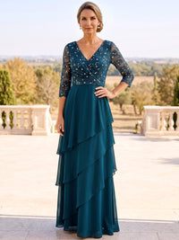 A-Line Mother Of The Bride Dresses Elegant Formal Chiffon Sequin Lace Floor-Length 3/4 Sleeves V Neck Tiered Ruffles Zipper Wedding Guest
