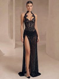 A-Ling Evening Dresses Beaded Floor Length Sparkly Lace Halter Neck Corset Bodice Formal Party Dresses With High Slit