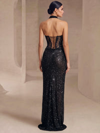 A-Ling Evening Dresses Beaded Floor Length Sparkly Lace Halter Neck Corset Bodice Formal Party Dresses With High Slit