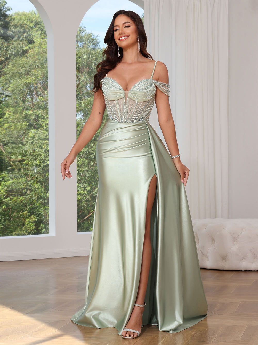 A Line/Princesses Prom Dresses Satin Spaghetti Straps Floor-Length Formal Corset Dress With Beads&Side Split