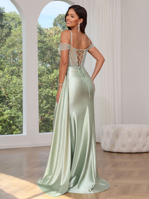 A Line/Princesses Prom Dresses Satin Spaghetti Straps Floor-Length Formal Corset Dress With Beads&Side Split