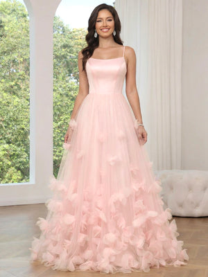 A-Line/Princess Pink Floral Prom Dresses Tulle Spaghetti Straps Long Formal Dresses with Floral Patch