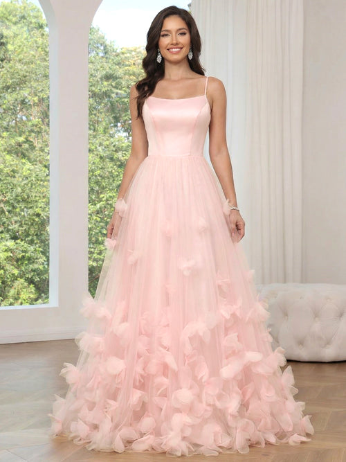 A-Line/Princess Pink Floral Prom Dresses Tulle Spaghetti Straps Long Formal Dresses with Floral Patch