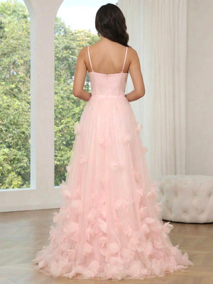 A-Line/Princess Pink Floral Prom Dresses Tulle Spaghetti Straps Long Formal Dresses with Floral Patch