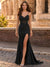 Trumpet/Mermaid Prom Dress Spaghetti Straps V-Neck Sleeveless Floor-length Long Formal Dresses with Split Side Appliques