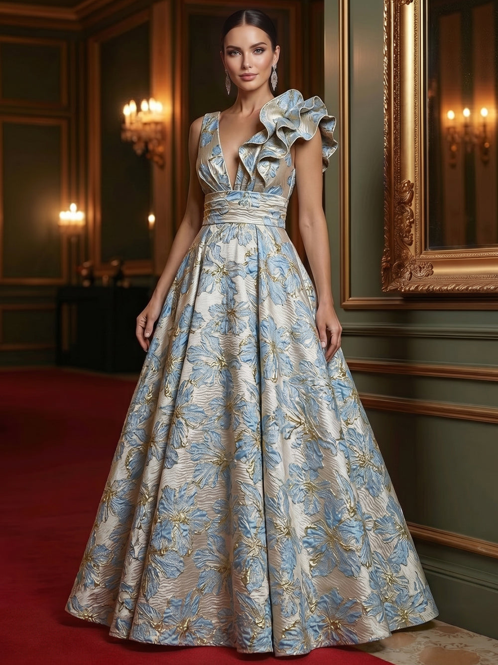 A-Line Evening Gown Elegant Floral Dress Sleeveless Floor Length Pocket Jacquard Shoulder Flower Ruched Mother of the Bride Dresses