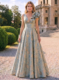 A-Line Evening Gown Elegant Floral Dress Sleeveless Floor Length Pocket Jacquard Shoulder Flower Ruched Mother of the Bride Dresses