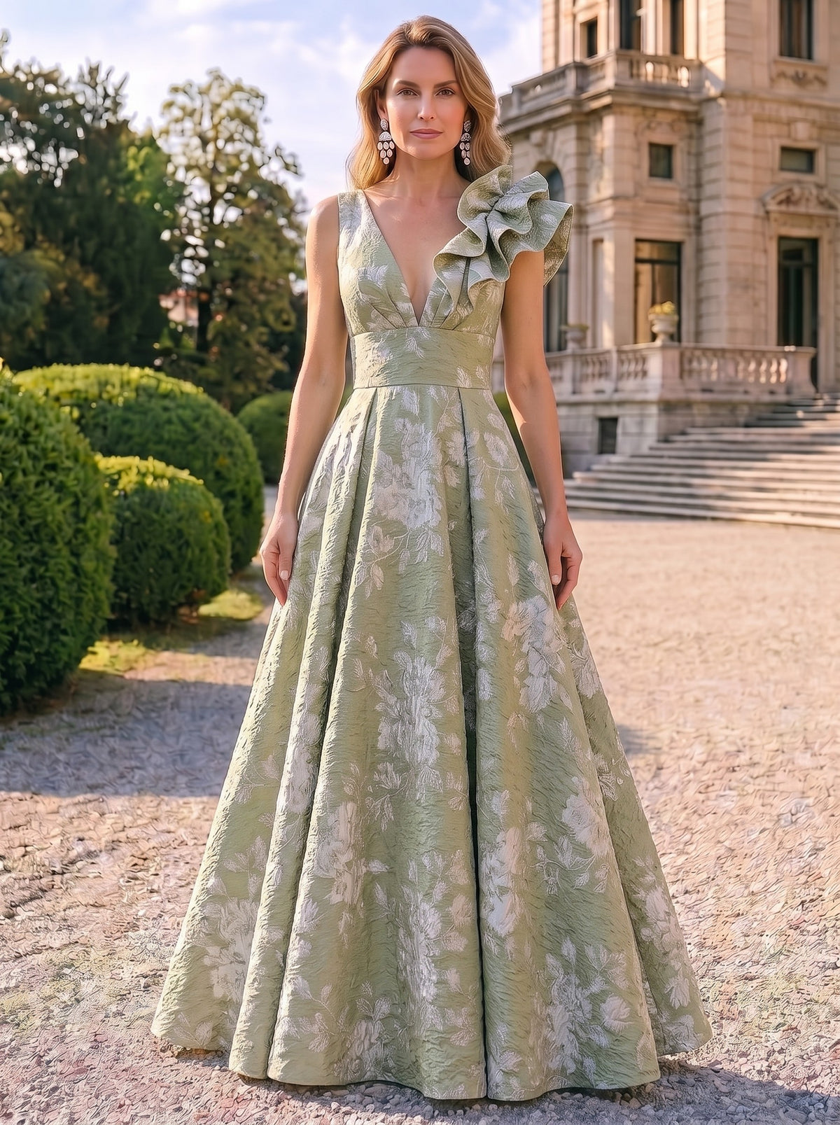 A-Line Evening Gown Elegant Floral Dress Sleeveless Floor Length Pocket Jacquard Shoulder Flower Ruched Mother of the Bride Dresses
