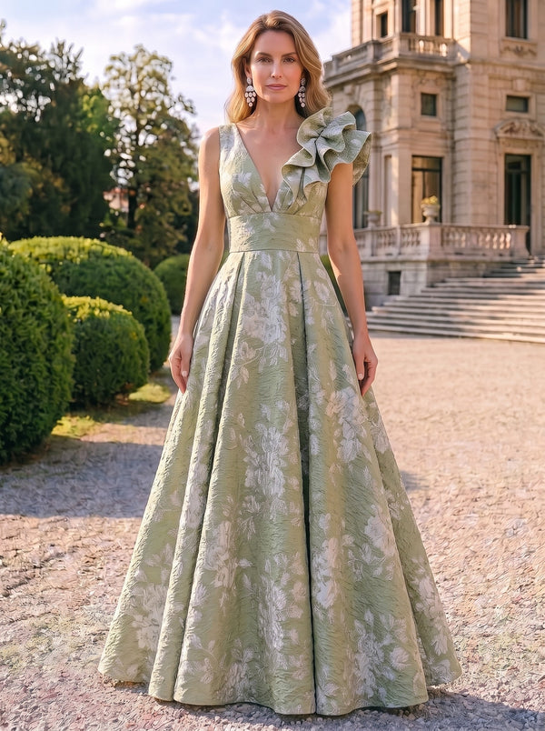 A-Line Evening Gown Elegant Floral Dress Sleeveless Floor Length Pocket Jacquard Shoulder Flower Ruched Mother of the Bride Dresses