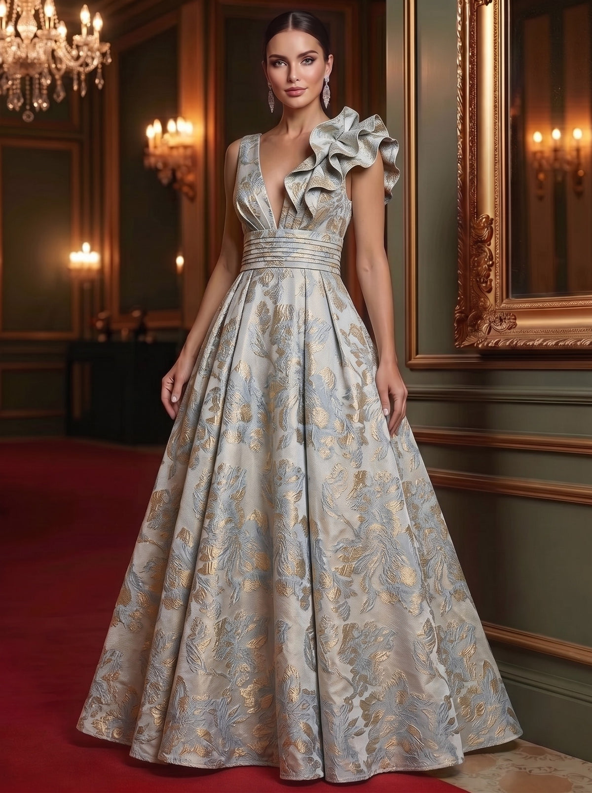 A-Line Evening Gown Elegant Floral Dress Sleeveless Floor Length Pocket Jacquard Shoulder Flower Ruched Mother of the Bride Dresses