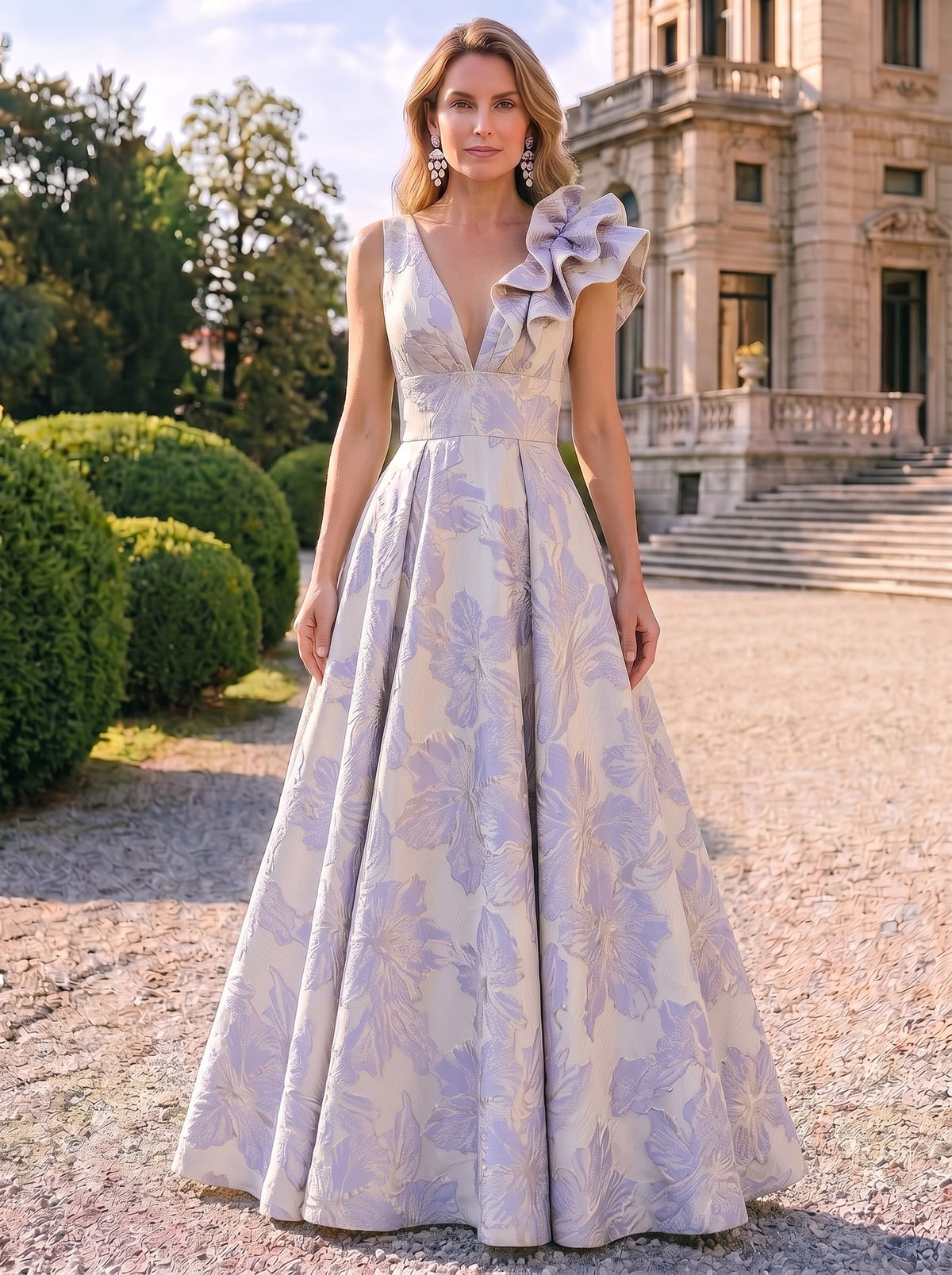 A-Line Evening Gown Elegant Floral Dress Sleeveless Floor Length Pocket Jacquard Shoulder Flower Ruched Mother of the Bride Dresses