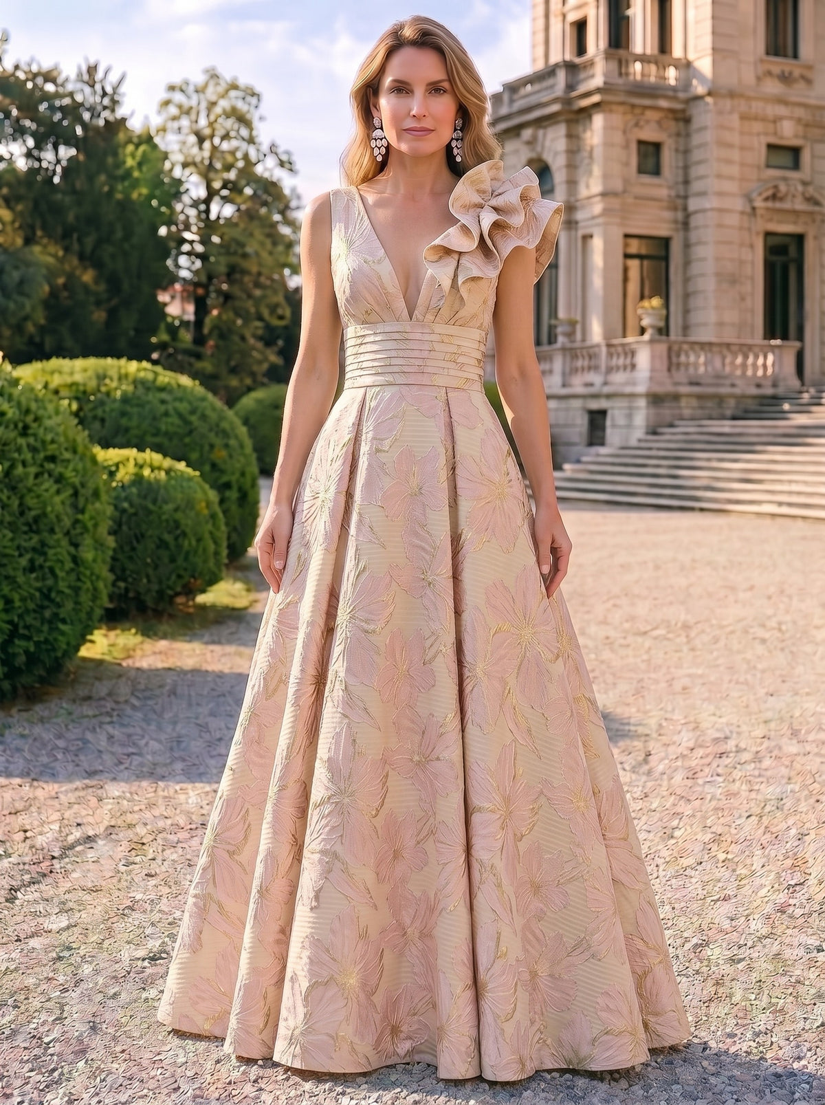 Nafori Slate Blue A-Line Evening Gown Elegant Floral Dress Sleeveless Floor Length Pocket Jacquard Shoulder Flower Ruched Mother of the Bride Dresses