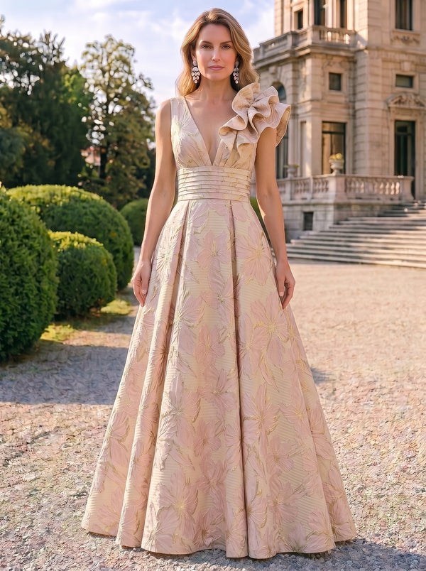 A-Line Evening Gown Elegant Floral Dress Sleeveless Floor Length Pocket Jacquard Shoulder Flower Ruched Mother of the Bride Dresses