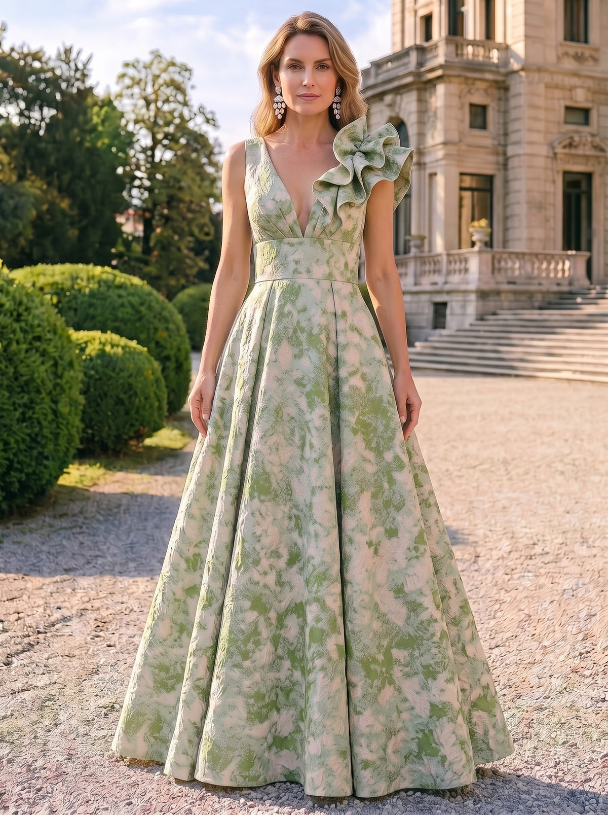 A-Line Evening Gown Elegant Floral Dress Sleeveless Floor Length Pocket Jacquard Shoulder Flower Ruched Mother of the Bride Dresses
