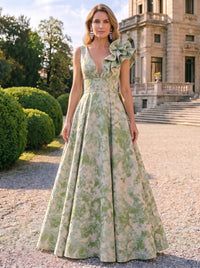A-Line Evening Gown Elegant Floral Dress Sleeveless Floor Length Pocket Jacquard Shoulder Flower Ruched Mother of the Bride Dresses