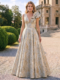 A-Line Evening Gown Elegant Floral Dress Sleeveless Floor Length Pocket Jacquard Shoulder Flower Ruched Mother of the Bride Dresses