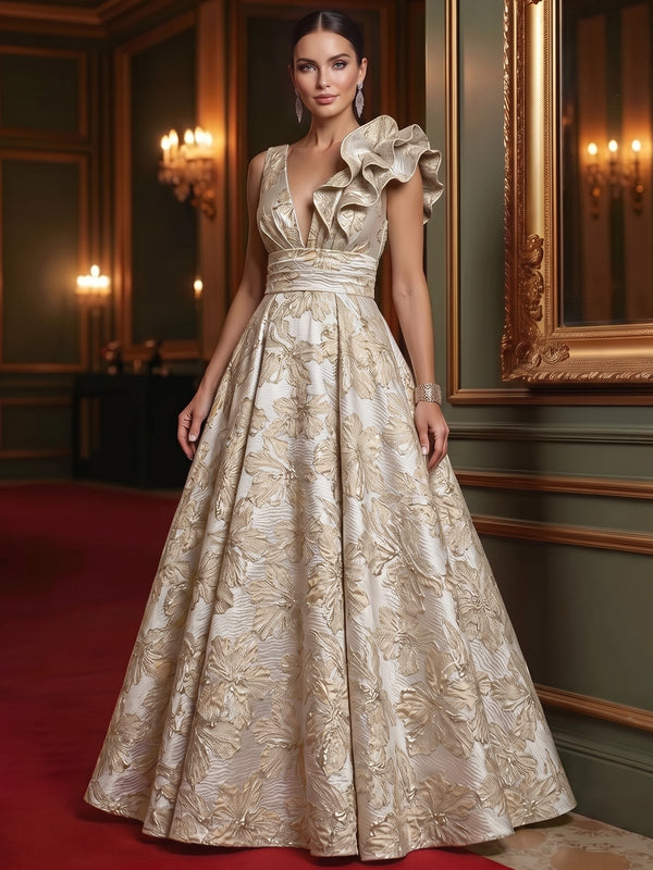A-Line Evening Gown Elegant Floral Dress Sleeveless Floor Length Pocket Jacquard Shoulder Flower Ruched Mother of the Bride Dresses