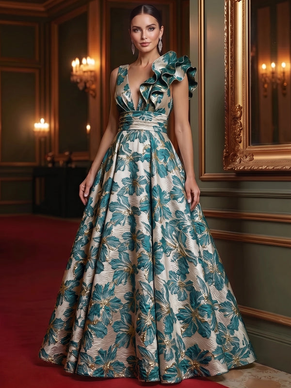 A-Line Evening Gown Elegant Floral Dress Sleeveless Floor Length Pocket Jacquard Shoulder Flower Ruched Mother of the Bride Dresses