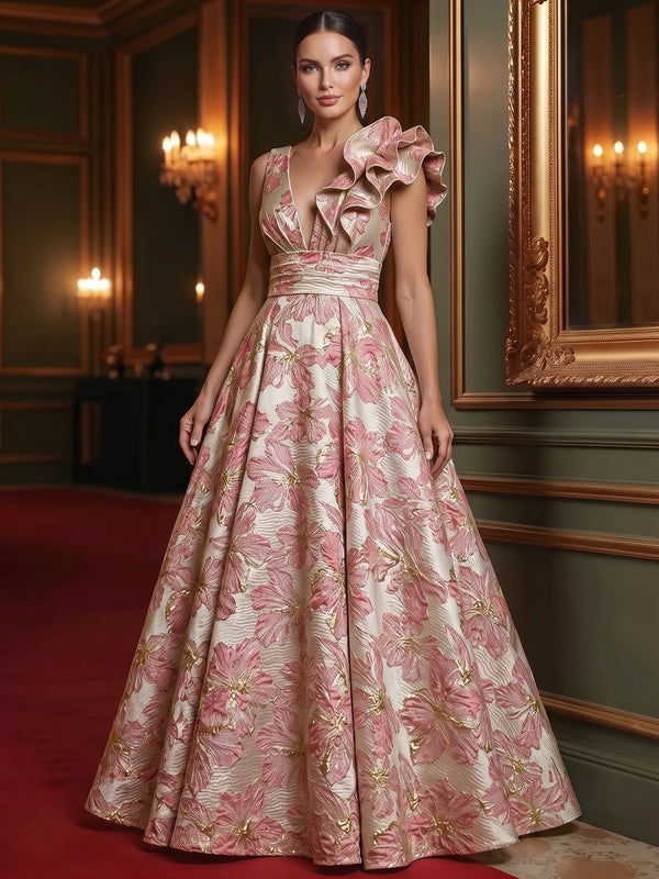 A-Line Evening Gown Elegant Floral Dress Sleeveless Floor Length Pocket Jacquard Shoulder Flower Ruched Mother of the Bride Dresses