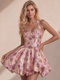 Short Ballgown Dresses Homecoming Halter Square Neck Sleeveless Bubble Mini Hem With Floral Jacquard Pattern