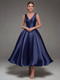 A Line Cocktail Dress Satin Ankle Length Elegant Dresses Formal Wedding Sleeveless V Neck Summer Dress