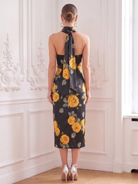 Sheath/Column Cocktail Dresses Floral Printed Chiffon Halter Neck Tea-Length Sleeveless Wedding Guest