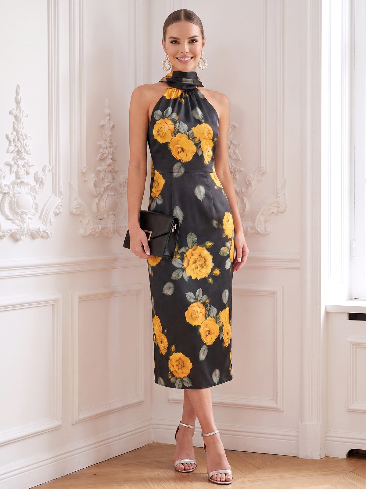 Sheath/Column Cocktail Dresses Floral Printed Chiffon Halter Neck Tea-Length Sleeveless Wedding Guest