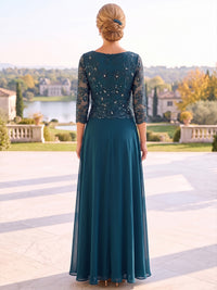 A-Line Mother Of The Bride Dresses Elegant Formal Chiffon Sequin Lace Floor-Length 3/4 Sleeves V Neck Pleated Zipper Wedding Guest