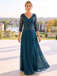 A-Line Mother Of The Bride Dresses Elegant Formal Chiffon Sequin Lace Floor-Length 3/4 Sleeves V Neck Pleated Zipper Wedding Guest