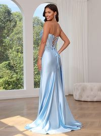 A Line/Princesses Prom Dresses Basque Waist Satin Strapless Floor-Length Formal Corset Dress With Rhinestone Appliques