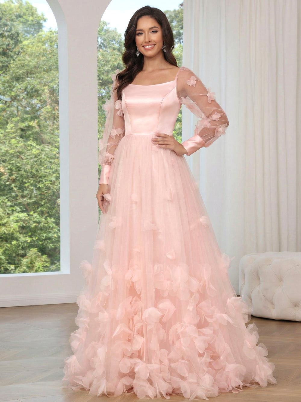 A-Line/Princess Pink Prom Dresses Tulle Lantern Sleeves Long Floor Length Floral Formal Dresses