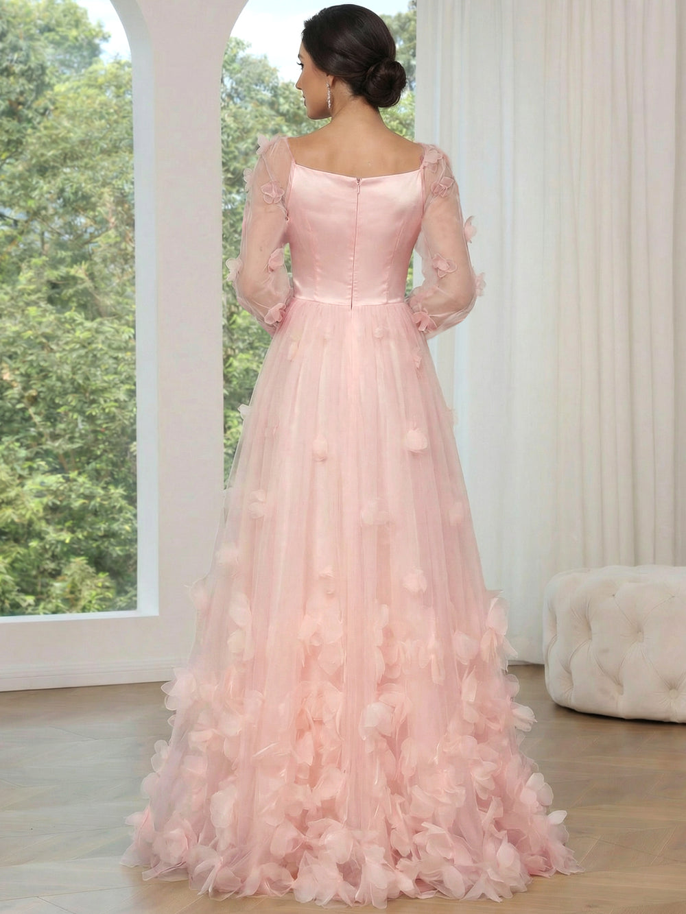 A-Line/Princess Pink Prom Dresses Tulle Lantern Sleeves Long Floor Length Floral Formal Dresses