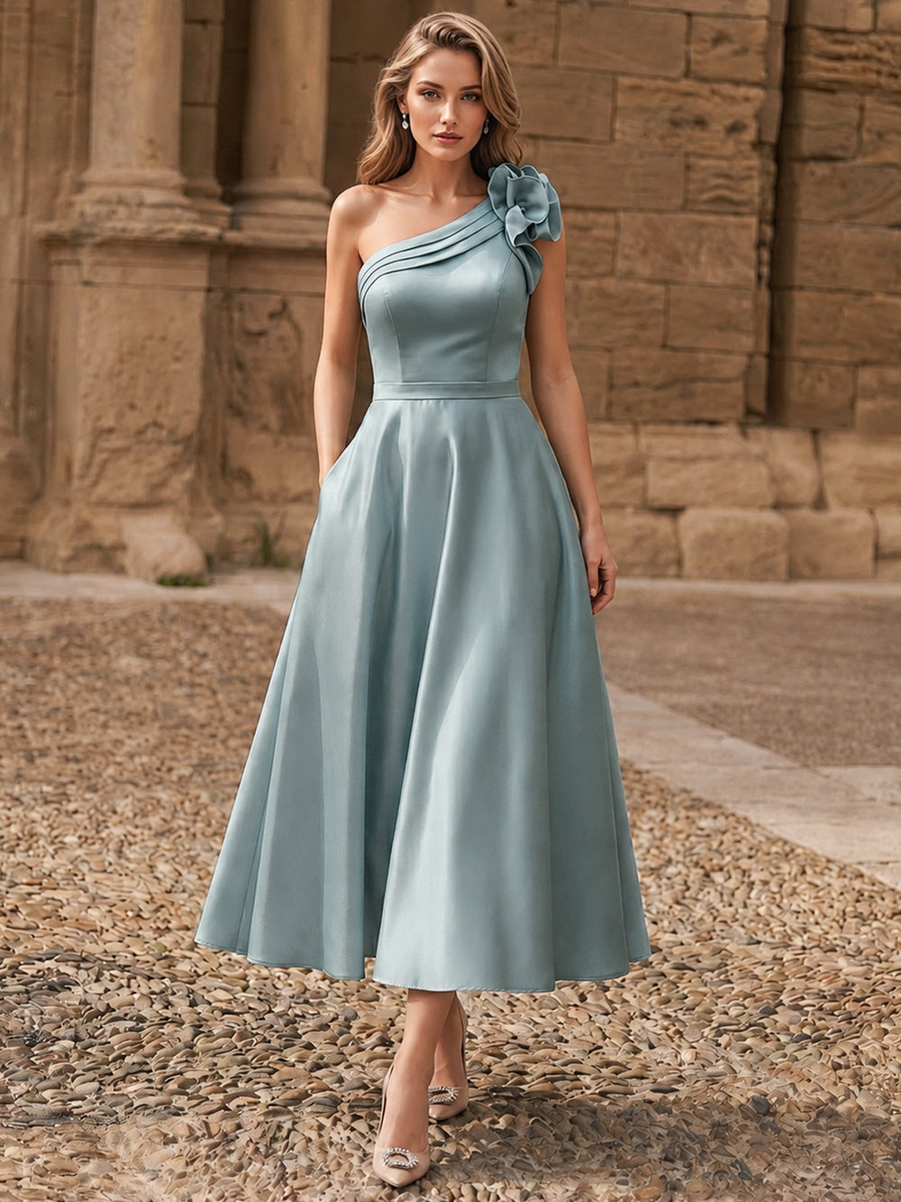 A-Line/Princess Cocktail Dress Satin Floral Pleated Elegant Dresses Sleeveless One Shoulder Formal Ankle Length Dresses Pocket With Pocket
