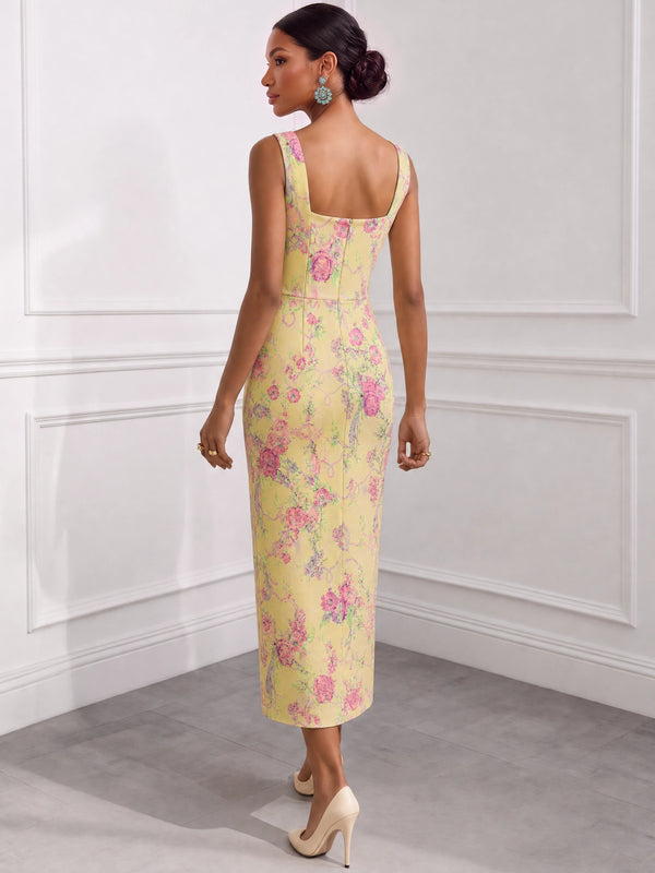 Sheath/Column Cocktail Dresses Printed Satin Tea-Length Square Neck Sleeveless Zipper Floral Elegant