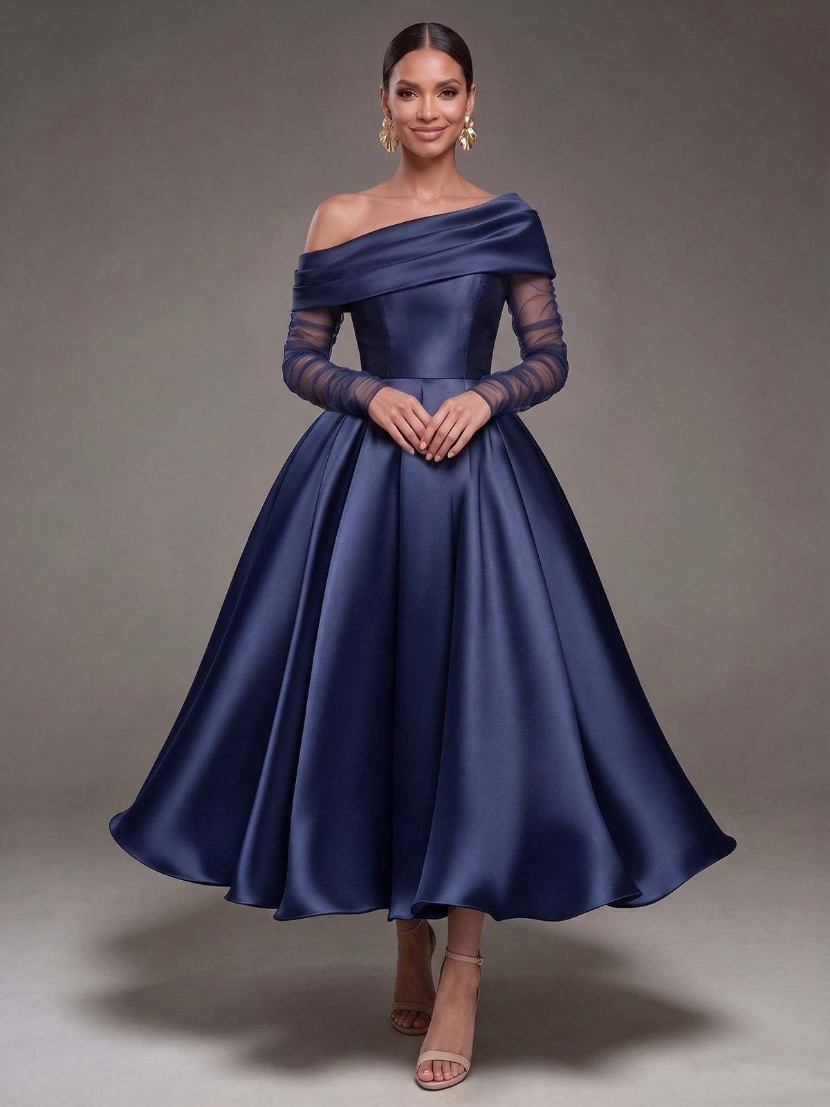 A Line Cocktail Dress Detachable With Shawl Ankle Length Elegant Dresses Formal Wedding Long Sleeve One Shoulder Satin Dress