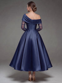 A Line Cocktail Dress Detachable With Shawl Ankle Length Elegant Dresses Formal Wedding Long Sleeve One Shoulder Satin Dress