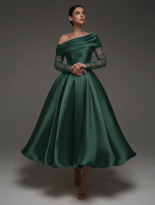 A Line Cocktail Dress Detachable With Shawl Ankle Length Elegant Dresses Formal Wedding Long Sleeve One Shoulder Satin Dress