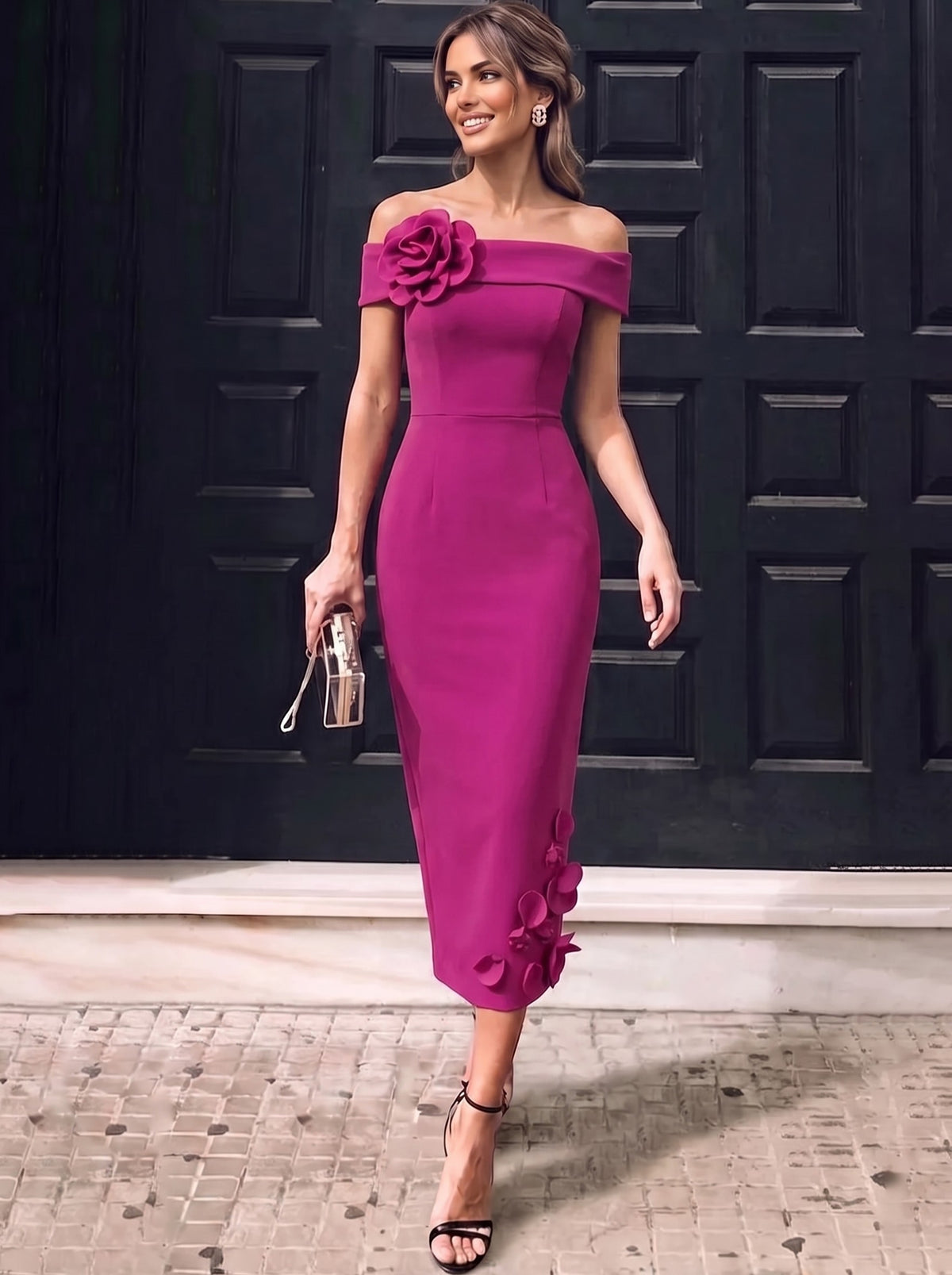 Sheath Cocktail Dresses Elegant Satin Tea-Length Off-The-Shoulder Short Sleeves With 3D Flowers Boning Back Slit Formal Dresses Wedding Guest