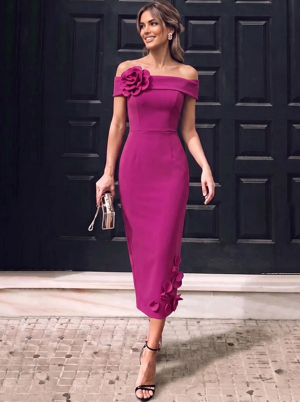 Sheath Cocktail Dresses Elegant Satin Tea-Length Off-The-Shoulder Short Sleeves With 3D Flowers Boning Back Slit Formal Dresses Wedding Guest