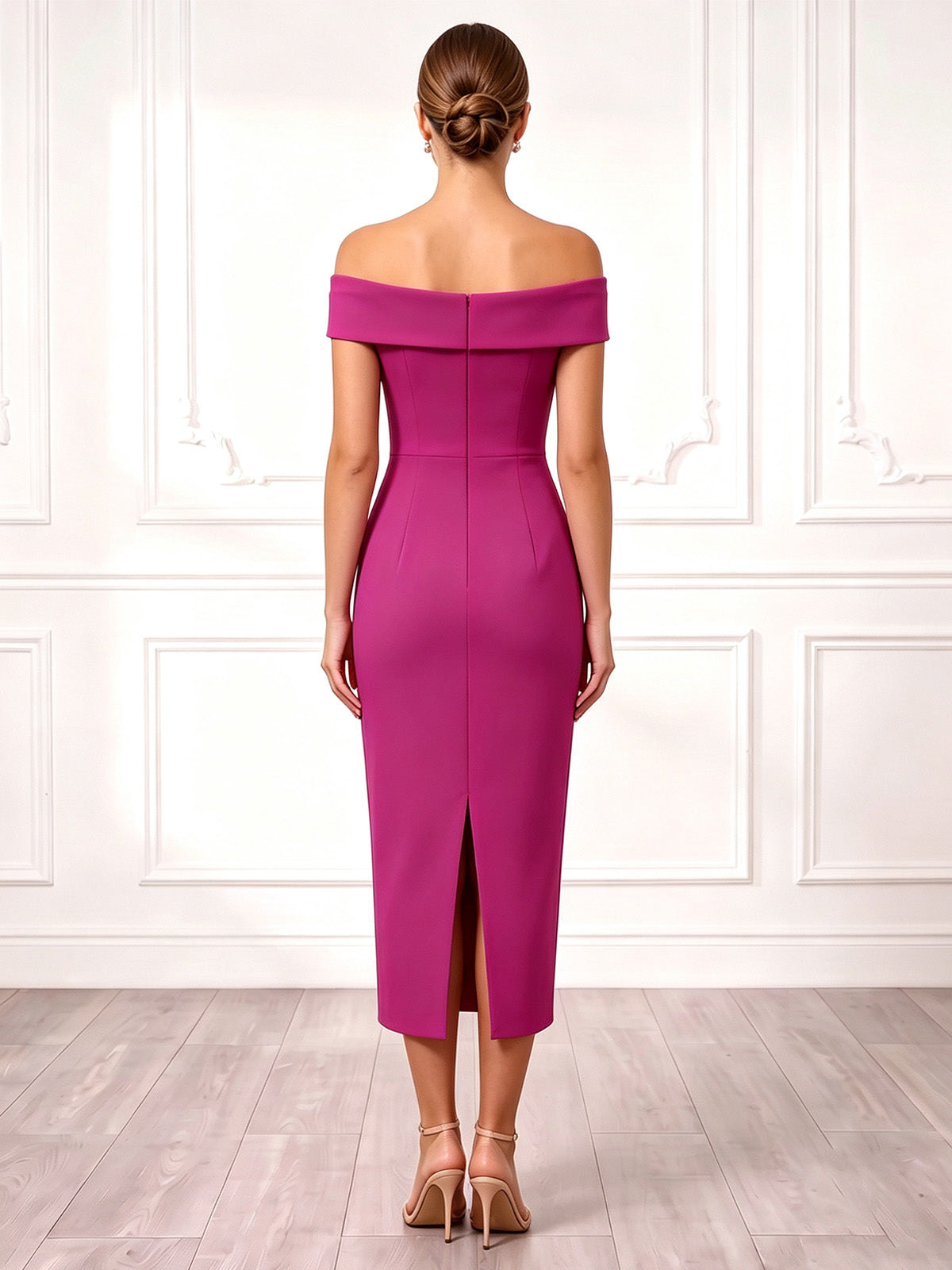 Sheath Cocktail Dresses Elegant Satin Tea-Length Off-The-Shoulder Short Sleeves With 3D Flowers Boning Back Slit Formal Dresses Wedding Guest