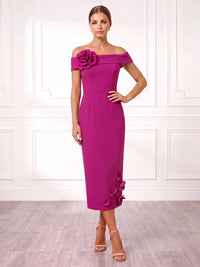Sheath Cocktail Dresses Elegant Satin Tea-Length Off-The-Shoulder Short Sleeves With 3D Flowers Boning Back Slit Formal Dresses Wedding Guest